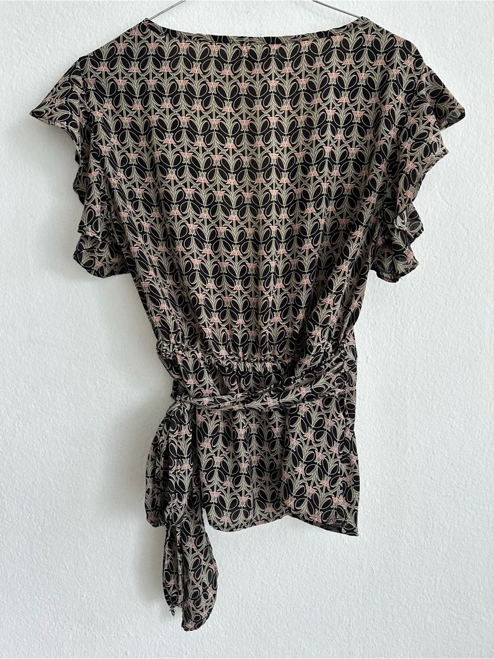 Madewell Black Wrap Blouse with Pink Geometric Motif